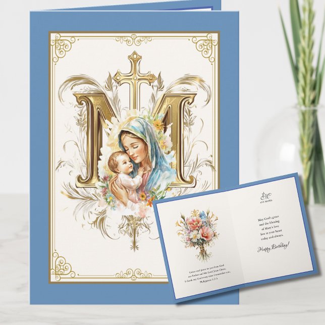 Mary Jesus Floral Scripture Blue Gold  Card (Creator Uploaded)