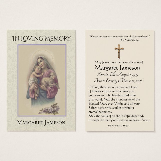 Mary Jesus Lamb Funeral Memorial Holy Card - (Front & Back)
