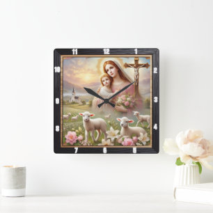 Mary Jesus Lambs Spiritual Square Wall Clock