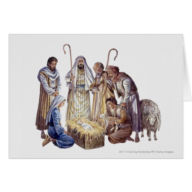 Mary, Joseph, and shepherds surrounding baby Jesus (Front Horizontal)