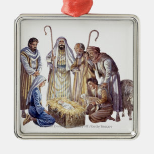 Mary, Joseph, and shepherds surrounding baby Jesus Metal Ornament