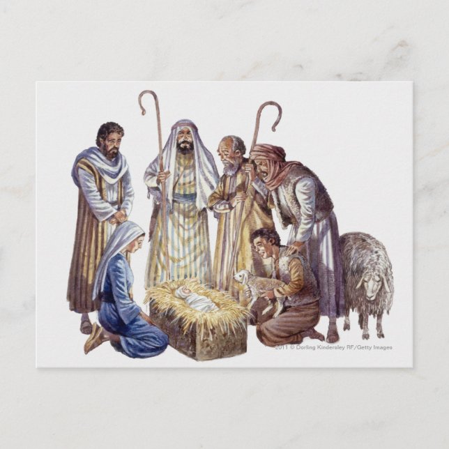 Mary, Joseph, and shepherds surrounding baby Jesus Postcard (Front)