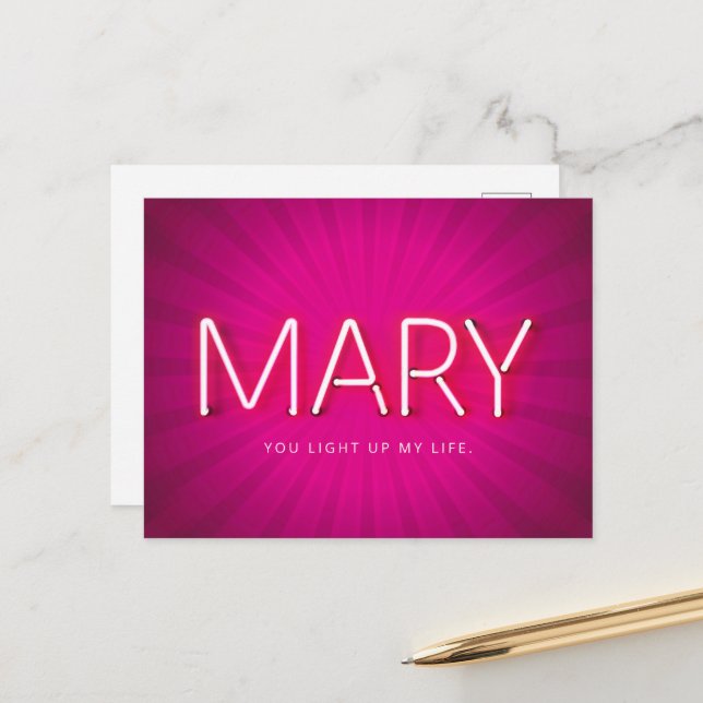 Mary Name in Glowing Neon Lights Postcard (Front/Back In Situ)