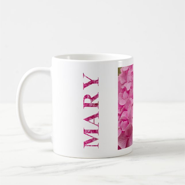 Mary, Personalised Pink Hydrangea Floral Lettering Coffee Mug (Left)