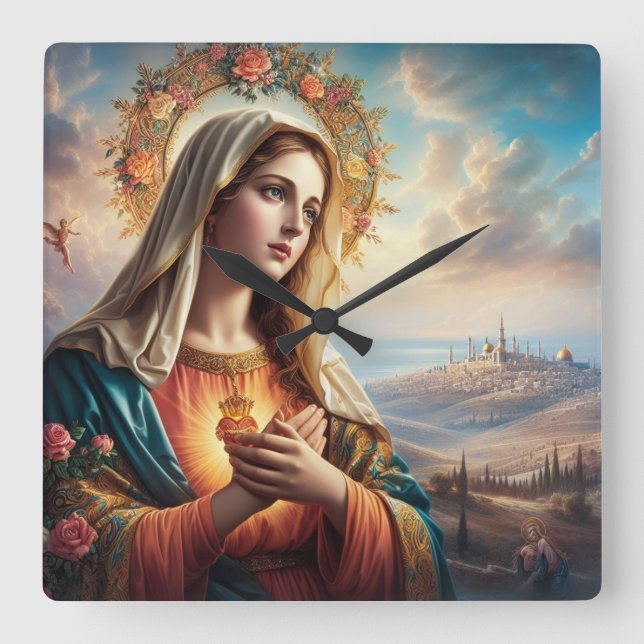 Mary Virgin Jesus Square Wall Clock (Front)