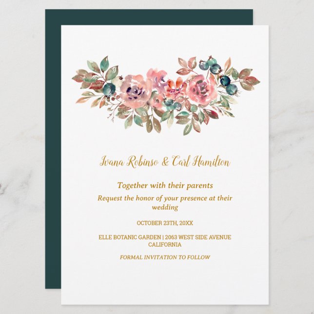 MARY Watercolor Rose Emerald Green Wedding Invitation (Front/Back)