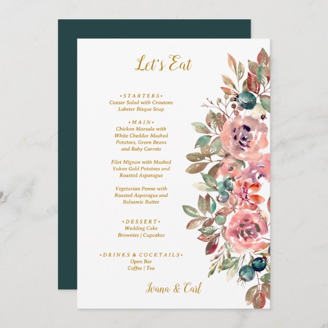 MARY Watercolor Rose Emerald Green Wedding Menu (Front/Back)