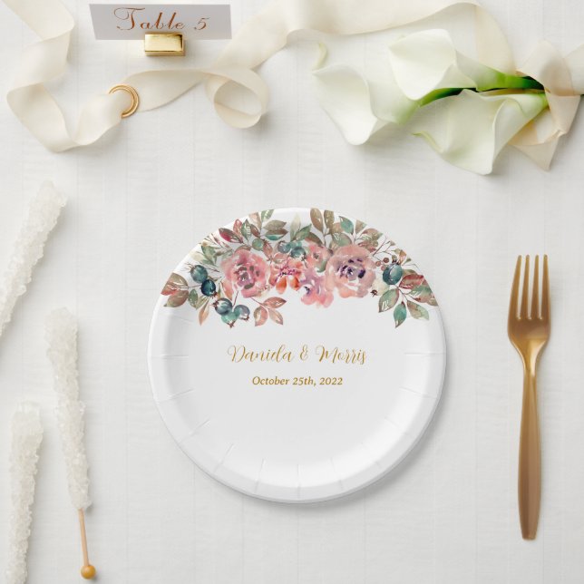 MARY Watercolor Rose Emerald Green Wedding Paper Plate (Wedding)