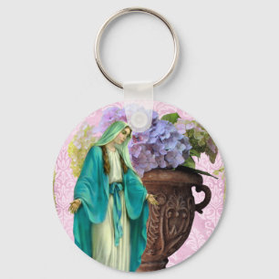 Mary with Flowers on Pink Background Key Ring