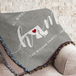 Maryland Home State Personalised Rustic Throw Blanket<br><div class="desc">Show some home state pride with this cute rustic grey throw blanket featuring "home" in white calligraphy script lettering with a silhouette map of the state of Maryland standing in for the letter "O." A red heart illustration inside the state map completes the design; you can change the position of...</div>