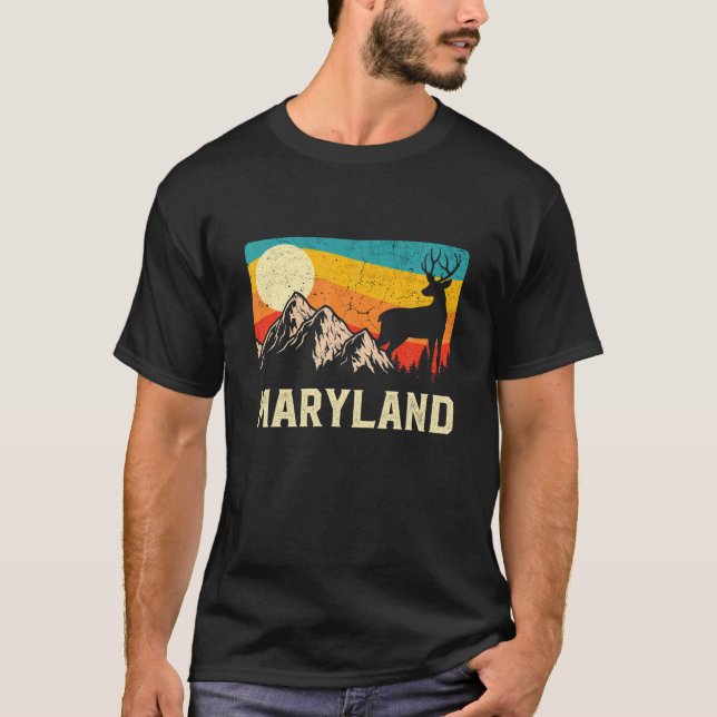 Maryland Nature Wild Deer Retro Sunset Hiking T-Shirt (Front)