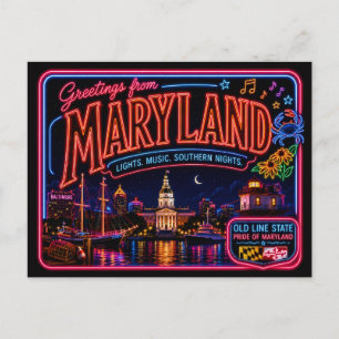 Maryland Neon State Retro Vintage Postcard