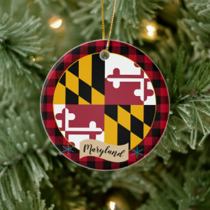 Maryland, Red buffalo plaid & Maryland Flag Ceramic Ornament