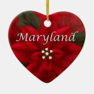 Maryland Red Poinsettia Heart Keepsake Ornament