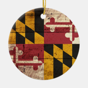Maryland State Flag on Old Wood Grain Ceramic Ornament