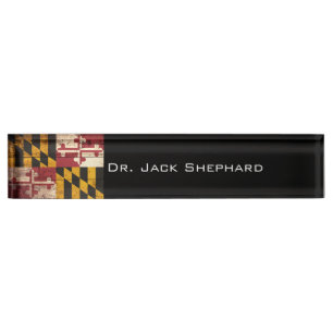 Maryland State Flag on Old Wood Grain Nameplate