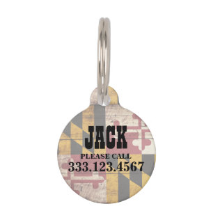 Maryland State Flag on Old Wood Grain Pet Tag