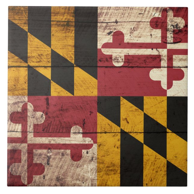 Maryland State Flag on Old Wood Grain Tile (Front)