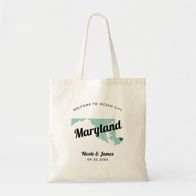 Maryland State Map Wedding Welcome Bag Tote, Black (Front)