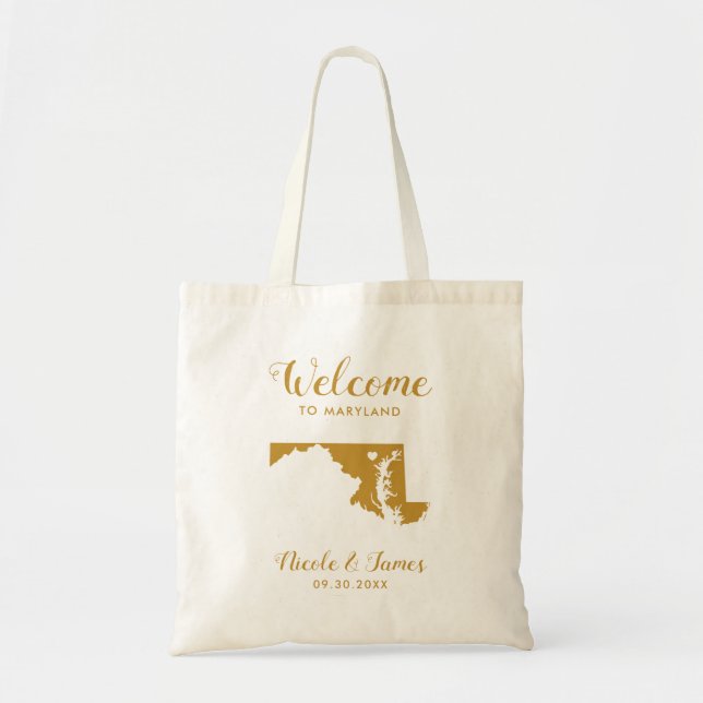 Maryland State Map Wedding Welcome Bag Tote, Gold (Front)