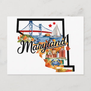 Maryland USA State Shaped Vintage Watercolor Postcard