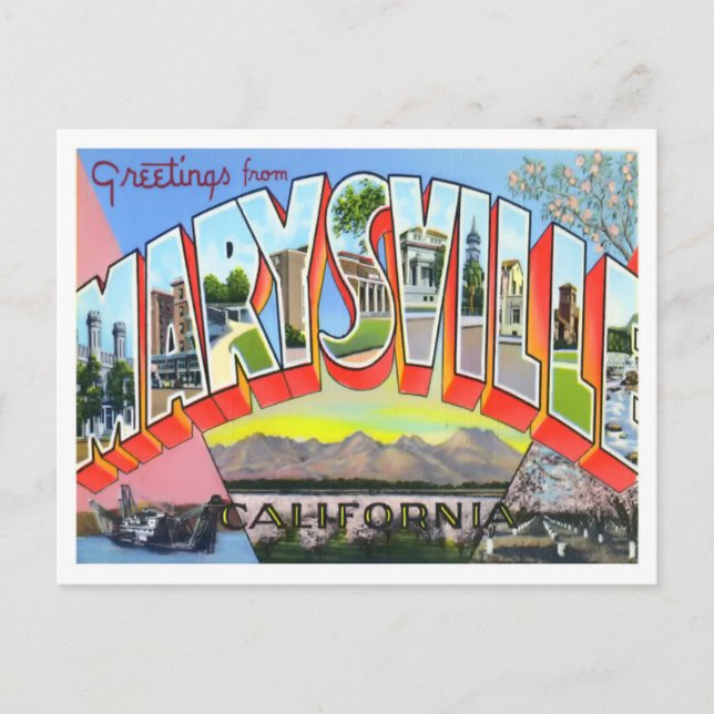 Marysville, California Vintage Big Letters Postcard (Front)