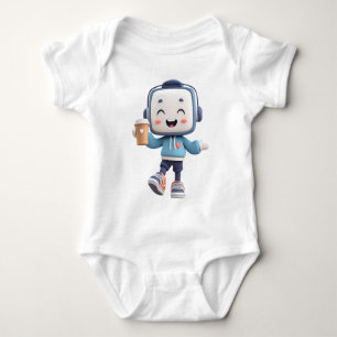 Mascot Drinking Coffee - cute Robot with Coffee Baby Bodysuit