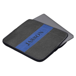 Masculine Black And Blue Faux Leather Laptop Sleeve
