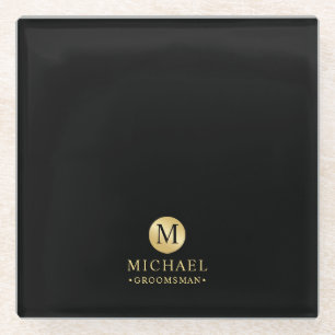 Masculine Black and Gold Personalised Groomsmen Glass Coaster