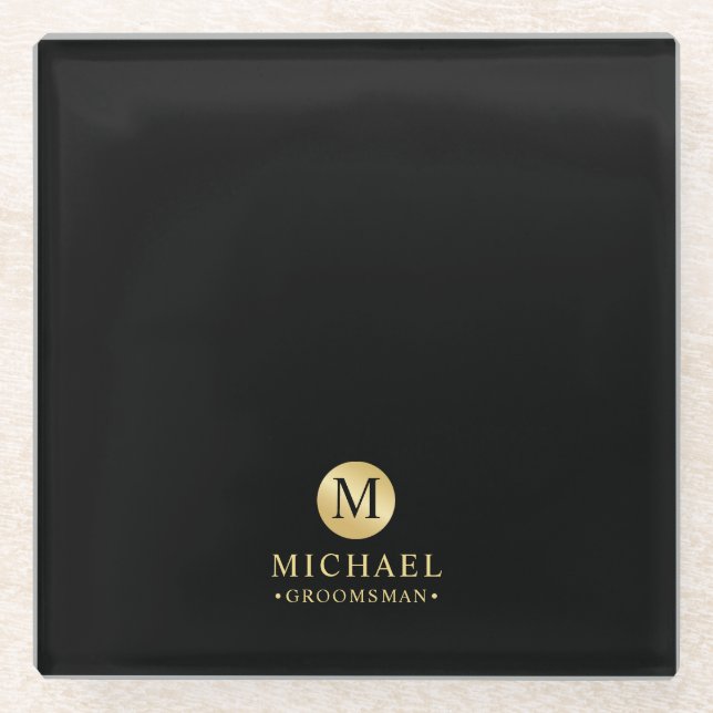 Masculine Black and Gold Personalised Groomsmen Glass Coaster (Front)