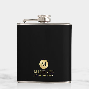 Masculine Black and Gold Personalised Groomsmen Hip Flask
