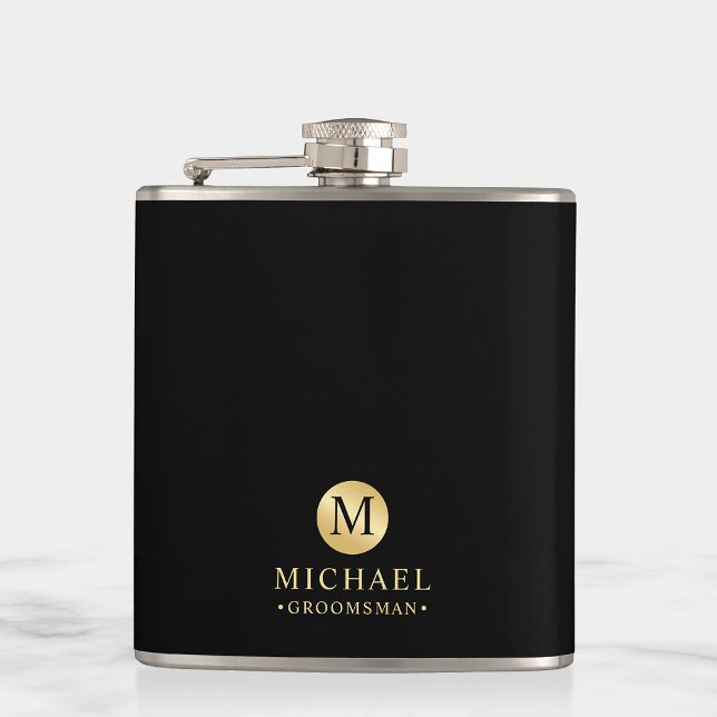 Masculine Black and Gold Personalised Groomsmen Hip Flask (Creator Uploaded)