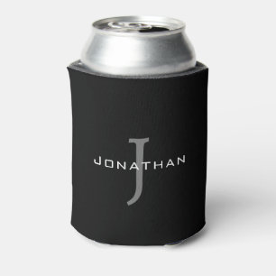 Masculine Black and White  Initial + Name Monogram Can Cooler
