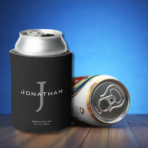 Masculine Black and White  Initial + Name Monogram Can Cooler