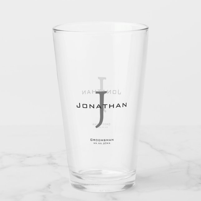 Masculine Black and White  Initial + Name Monogram Glass (Back)