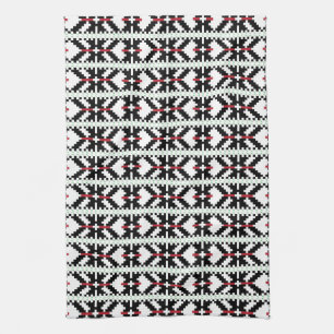 Masculine Black and white Latvian tribal folk art Tea Towel