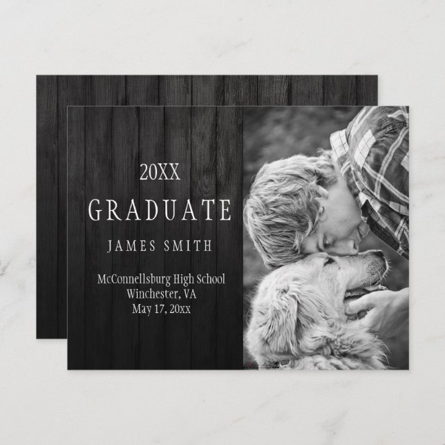 Masculine Black Barn Wood Photo Graduation Invitation (Front/Back)