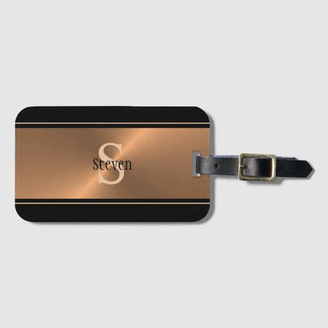 Masculine Black Bronze Monogram Personalised Mens Luggage Tag (Front Horizontal)