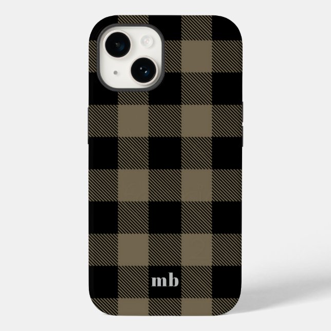 Masculine Black Brown Buffalo Plaid Name Initials Case-Mate iPhone Case (Back)