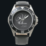 Masculine Black Face Grey White Monogram Groomsman Watch<br><div class="desc">Gift your groomsmen a piece of rugged elegance with this classic black face watch. Featuring a bold grey monogram and crisp white font for names and dates, this timepiece is designed for the modern man who appreciates a masculine, sturdy aesthetic. It’s a functional keepsake that honours your brotherhood. Update the...</div>