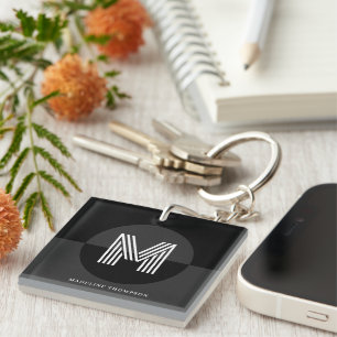 Masculine Black Grey Geometric Modern Monogram Key Ring
