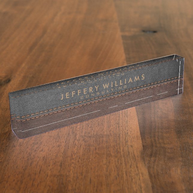 Masculine Black Leather Brown Accents Nameplate (Side)