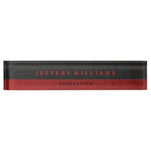 Masculine Black Leather Red Accents Nameplate