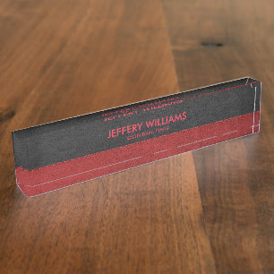 Masculine Black Leather Red Accents Nameplate