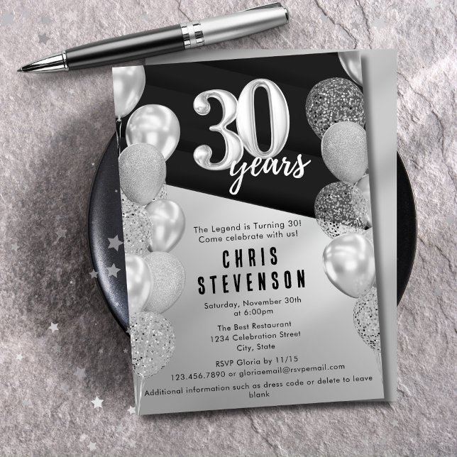 Masculine Black Silver Balloons 30th Birthday Invitation (Creator Uploaded)