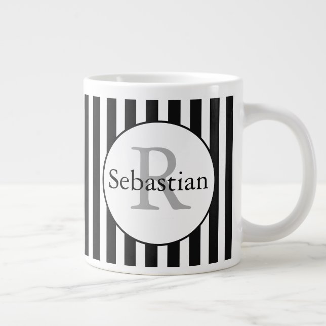Masculine Black Striped Personalised Monogrammed Large Coffee Mug (Right)