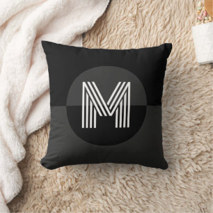 Masculine Black White Geometric Modern Monogram Cushion