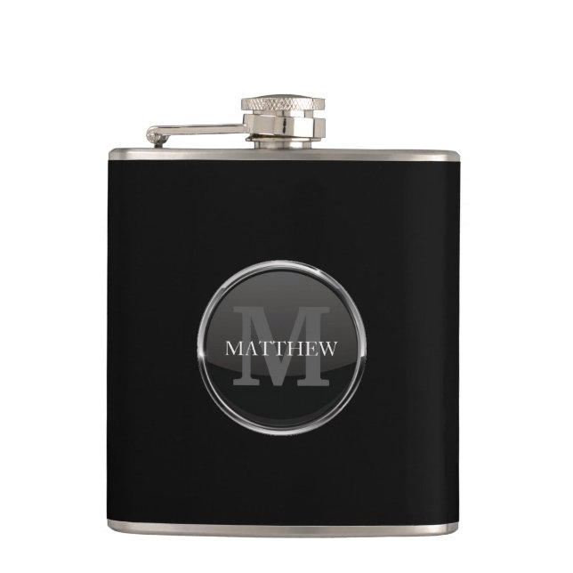 Masculine Black With Round Design Name Monogram Hip Flask (Front)