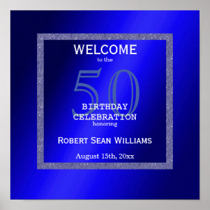 Masculine Blue & Glitter Frame 50th Birthday Poster