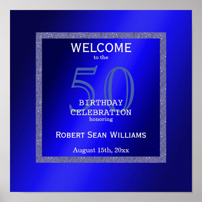 Masculine Blue & Glitter Frame 50th Birthday    Poster (Front)